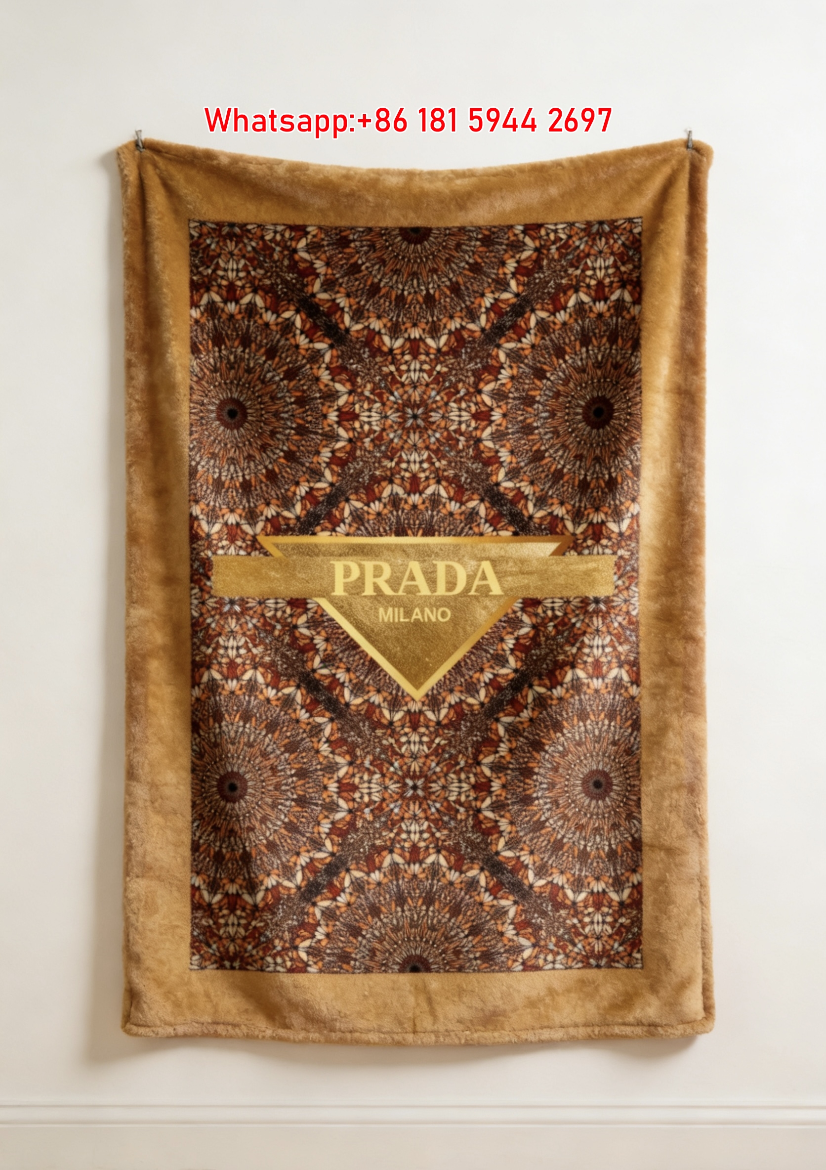 Prada Golden Brown Mandala Print Flannel Throw Blanket IMG_2740